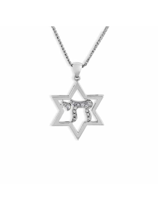 שרשרת מגן דוד וחי מזהב לבן עם די , מתנות ט"ו באב , א